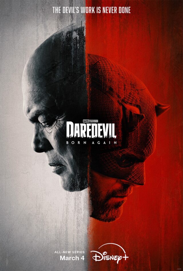 poster art with the faces of Fisk and Daredevil, one in gray and the other in red