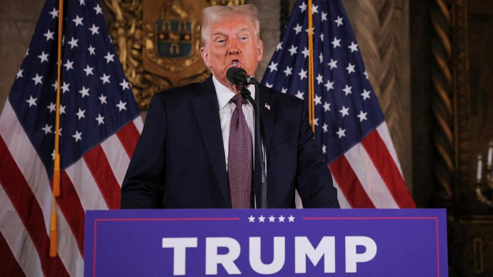 PHOTO: President-elect Donald Trump delivers remarks at Mar-a-Lago in Palm Beach, Florida, January 7, 2025. (Carlos Barria/Reuters)