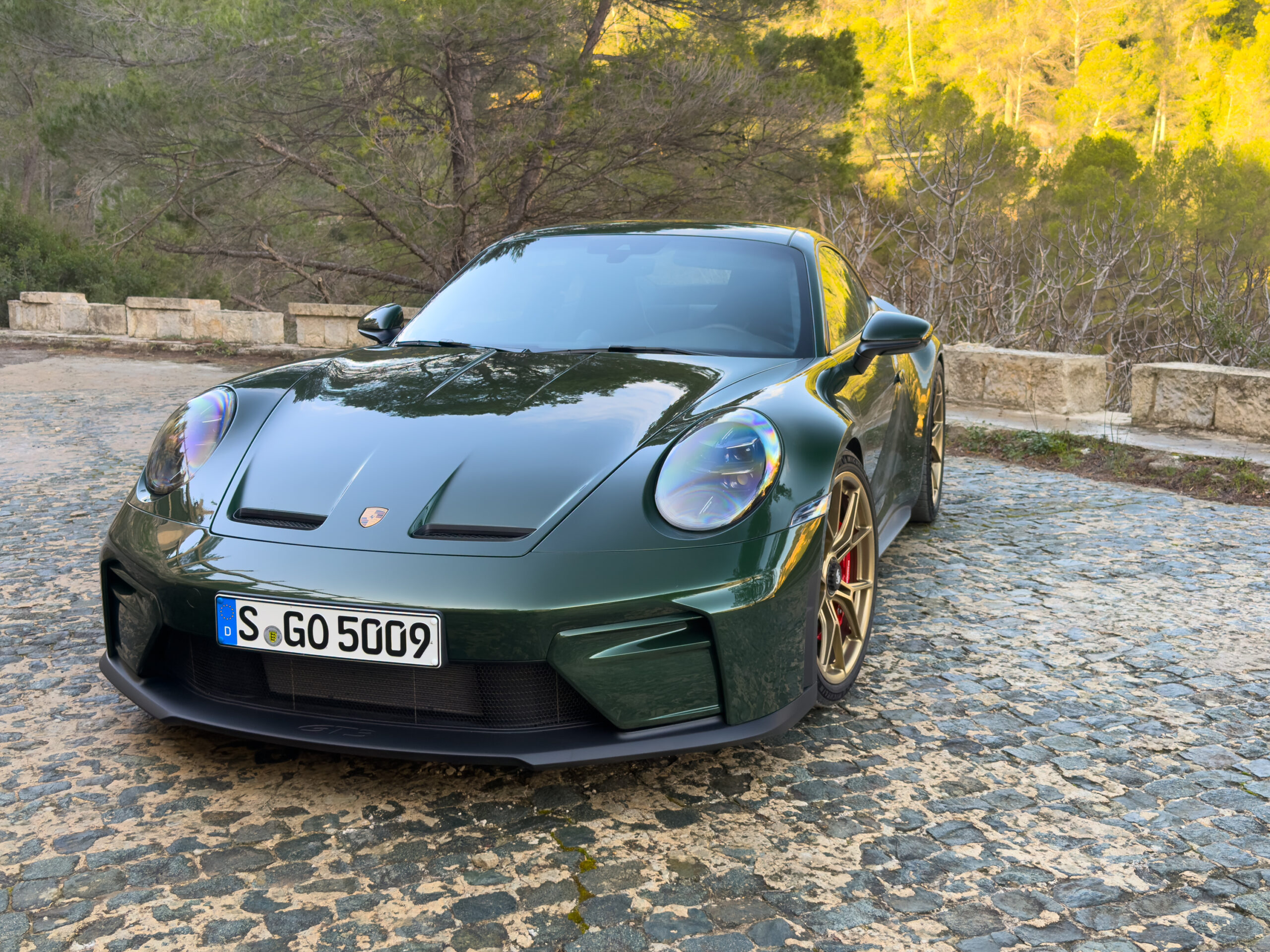 A green Porsche 911 GT3 parked next to a lake