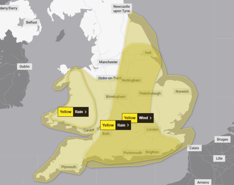 Three weather warnings are in effect from Sunday evening to Monday morning (Met Office)