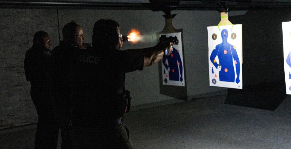 Police officers from Naples from front to back, Lt. Bryan McGinn, Sgt. Benjamin Vasquez and master officer Reyes train on the fire range in the Alamo by Lotus Gunworks in Naples on Monday, January 13, 2025. They were firewapentraining with the implementation of Nachtvizien. Not shown are Lt. Seth Finman, coordinator of firearms, Jacob Christenson, a firearm instructor and SGT. Mike Harmeling, a reach instructor. They are all police officers in Naples.