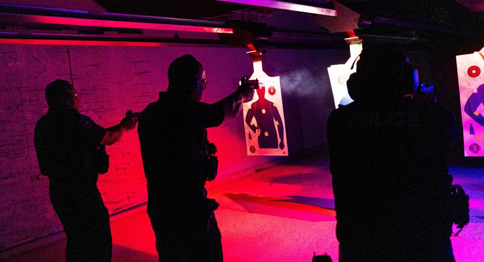 Police officers from Naples from front to back, Lt. Bryan McGinn, Sgt. Benjamin Vasquez and master officer Reyes train on the fire range in the Alamo by Lotus Gunworks in Naples on Monday, January 13, 2025. They were firewapentraining with the implementation of Nachtvizien.