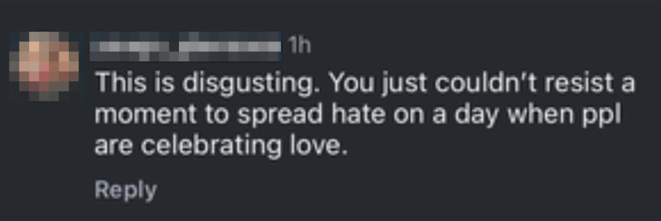 Reaction criticizes the spreading of hatred on a day that celebrates love