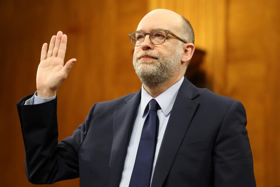 The candidate of US President Donald Trump for Office of Management and Budget Director Russell Vought is sworn in during the nomination of the Senate Bank Committee in the Dirksen Senate building on January 22, 2025 in Washington, DC. / Kayla Bartkowski/ Getty images