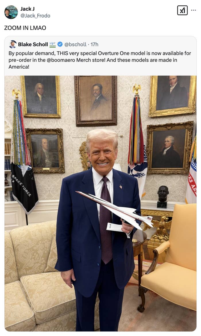 Person who keeps a model plane in a formal attitude with portraits and flags in the background. Tweet text emphasizes the availability of the OVTURE one model