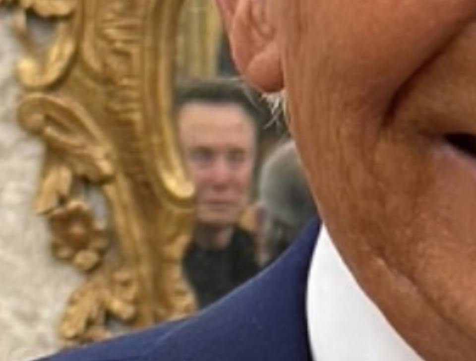 A man is partly visible with a prominent ear and smile in the foreground, while another person is reflected in a golden graceful mirror in the background