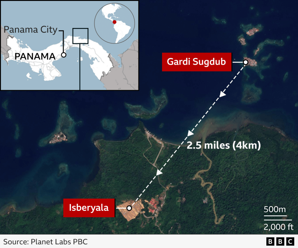 Map made from a satellite image with the island of Gardi Sugdub for the north coast of Panama. It is 2.5 miles (4 km) from Isberyala, which is visible as a large light patch surrounded by green forest.