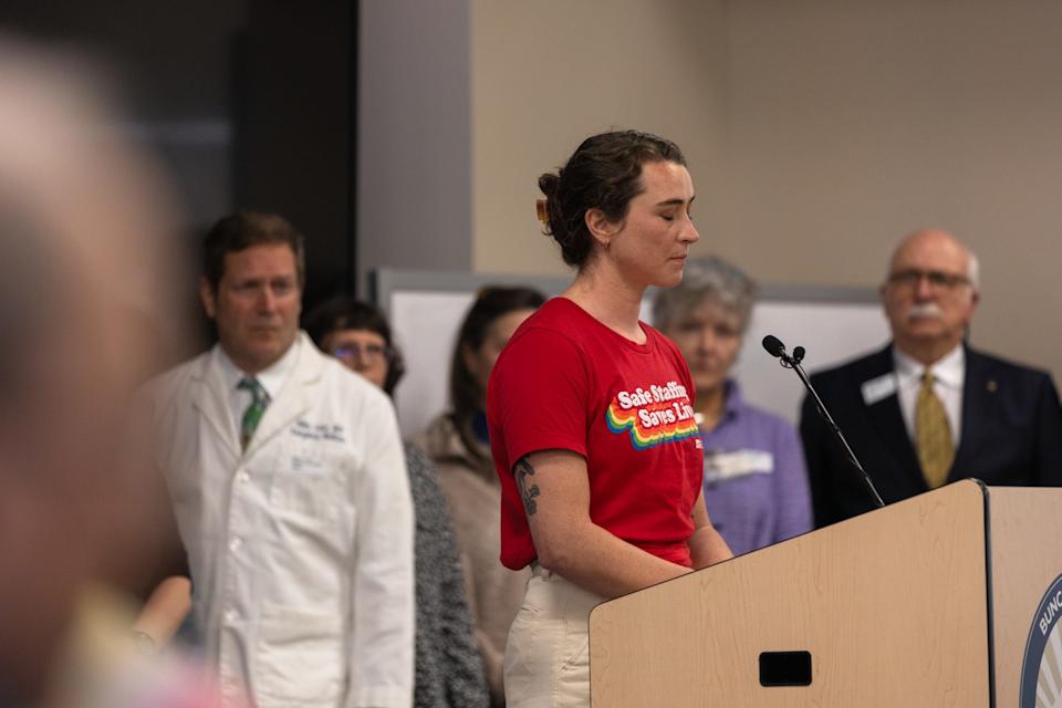 Mission Hospital Emergency Department Nurse and Union Member Ashley Bunting spoke during the WNC press conference of Reclaim Healthcare on 28 February 2025. The group consists of chosen officials, doctors, nurses and others. They call for more staff in the Mission Hospital, more information about recent dead in the hospital and to HCA to sell the hospital to a non -profit owner.