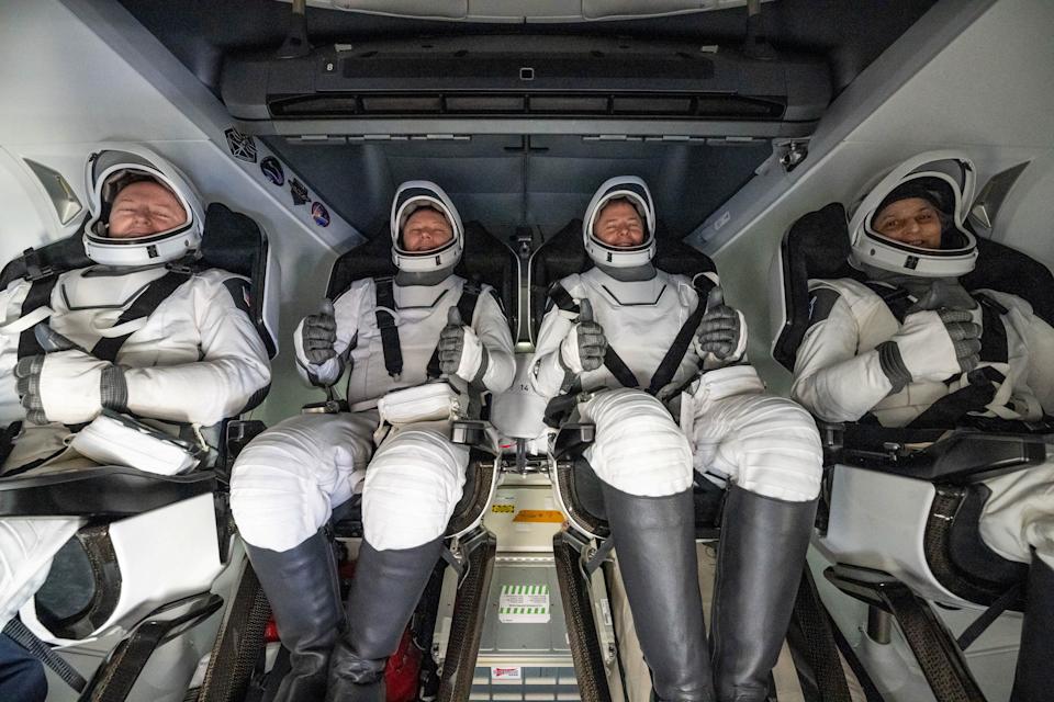 From Left to Right, Nasa Astronaut Butch Wilmore, Roscosmos Cosmonaut Aleksandr Gorbunov, Astronaut Nick Hague and astronaut Suni Williams Are Seen Inside A Spacex Dragon After The Spacecraft was a Coasty Ship OFF LANDY OFF OFTY or After Tallahassee, Florida.