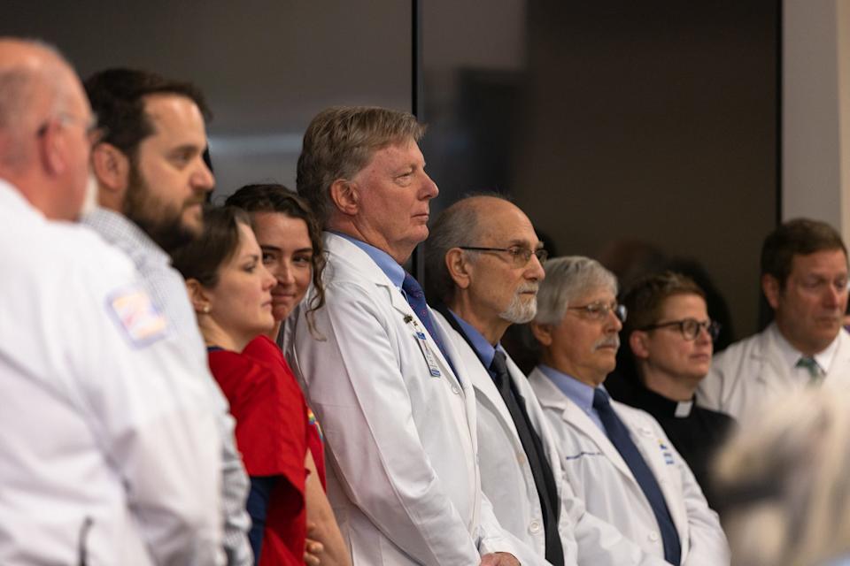 Members of Reclaim Healthcare WNC listened during a press conference of the organization on 28 February 2025. The group consists of chosen officials, doctors, nurses and others. They call for more staff in the Mission Hospital, more information about recent dead in the hospital and to HCA to sell the hospital to a non -profit owner.