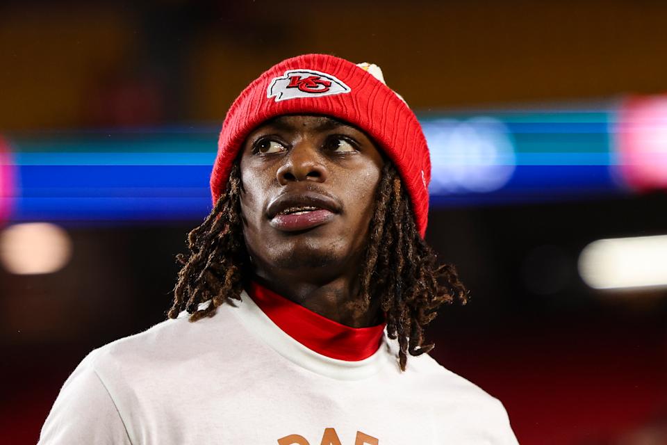 Kansas City, Missouri - December 8: Xavier WORTHY #1 of the Kansas City Chiefs warms up before an NFL football match against the Los Angeles Chargers in HA Field in Arrowhead Stadium on December 8, 2024 in Kansas City, Missouri. (Photo by Perry Knotts/Getty images)