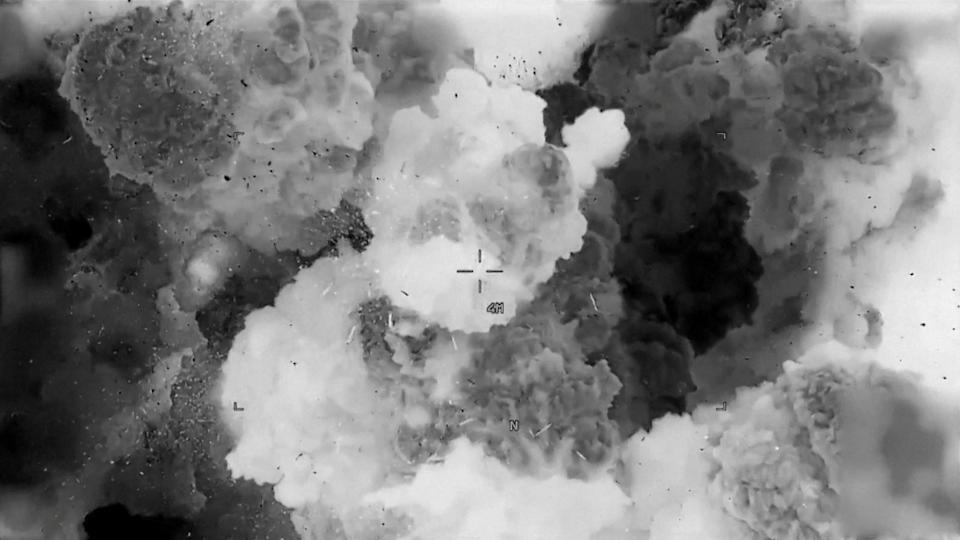 Photo: Smoke comes from an explosion After a projectile became a group of buildings at an unknown location in this screengrab obtained from a hand -out video released on March 15, 2025. (Centcom via Reuters)