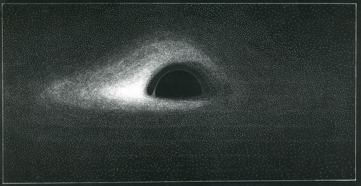 Scientific drawing of a black hole by Jean-Pierre Luminet. Ink on paper, photographically reversed