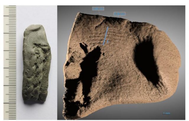 Photograph of the kit fragment showing a fingerprint on the left and a high-resolution X-ray tomography scan of the fingerprint area on the right.