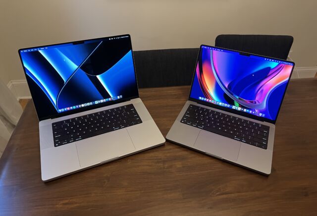 The 14- and 16-inch MacBook Pros side by side.  Both <a href=