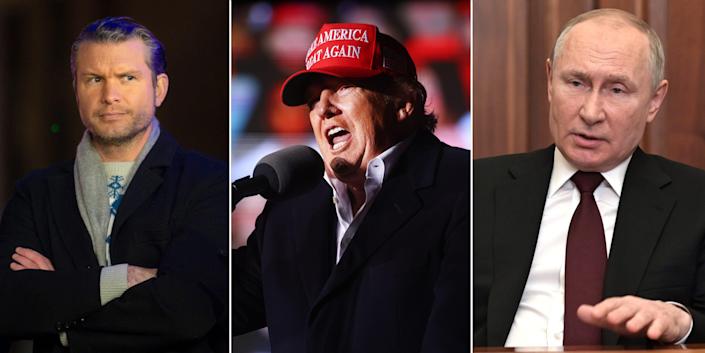 Three panels featuring Pete Hegseth with arms crossed, Donald Trump in a MAGA hat and Vladimir Putin speaking