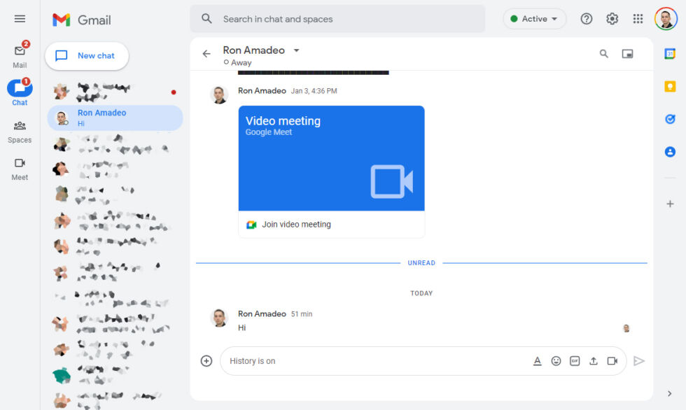 Google Chat is now a full-screen interface.  The "spaces" group chat shows the same interface, but now it's annoyingly split into a separate area from your 1-on-1 chats.