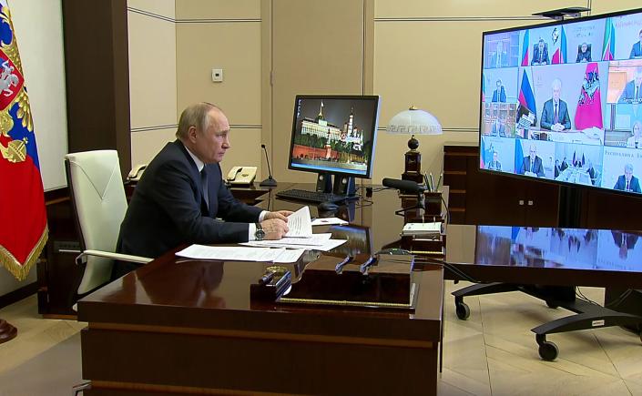 In this photo, taken from a video released by the Russian Presidential Press Service, Russian President Vladimir Putin speaks during a meeting on socio-economic support measures for the regions via videoconference at the Novo-Ogaryovo residence outside Moscow, Russia, on Wednesday. March 16, 2022. (Russian Presidential Press Service via AP)