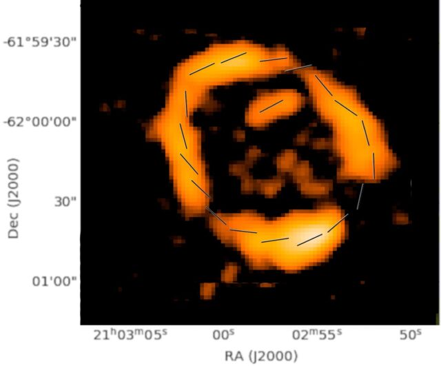 Lines around the edge of the ORC indicate the direction of a magnetic field.  A circular magnetic field like this indicates that it has been compressed by a shock wave from the central galaxy.