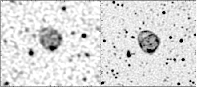 (Left) The original discovery of ORC1 in the ASKAP radio telescope data from the Evolutionary Map of the Universe (EMU) scientific research team.  (Right) The follow-up observation of ORC1 with the MeerKAT radio telescope.