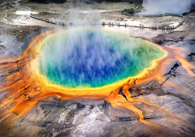 Image of a hot spring with intense colors in the water and surrounding bottom.