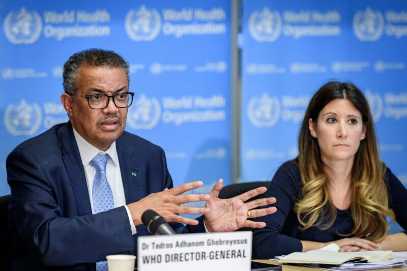 World Health Organization (WHO) Director General Tedros Adhanom Ghebreyesus (L) and WHO Technical Leader Maria Van Kerkhove attend a daily press conference on COVID-19 at WHO headquarters on March 2, 2020 in Geneva. 