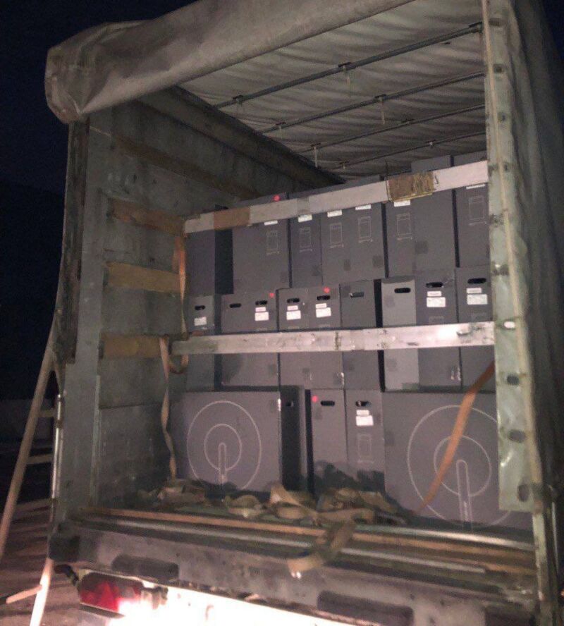 Boxes with Starlink terminals in the back of a truck in Ukraine.