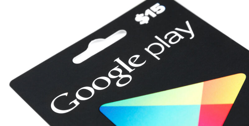 Extreme close-up photo of a Google Play gift card.