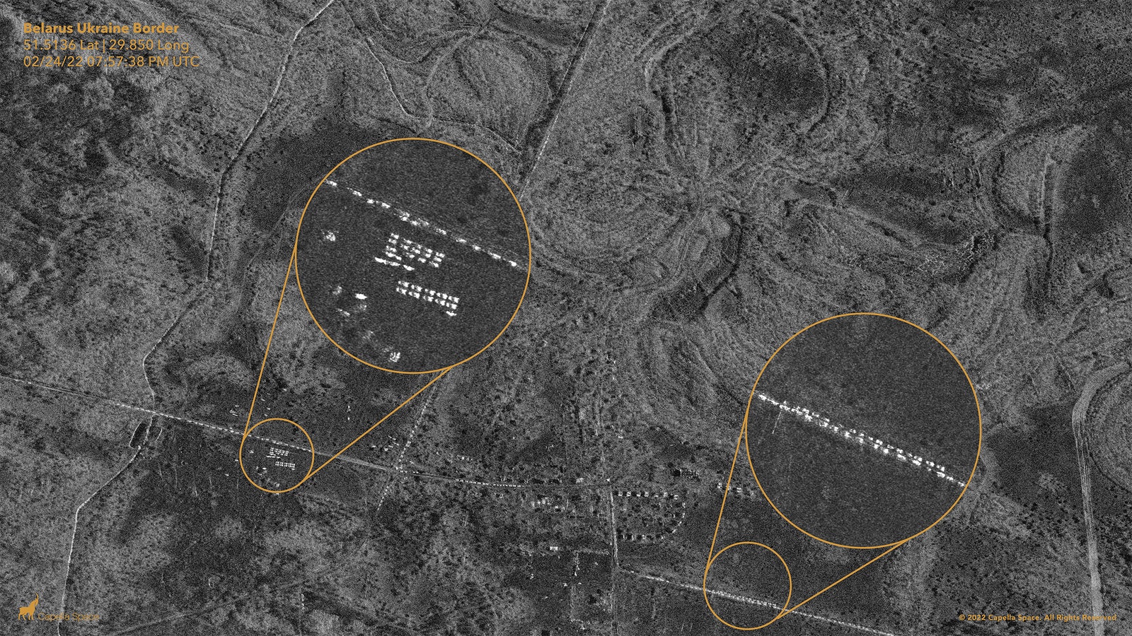 Aerial view of several hundred military vehicles lined up along the Ukraine-Belarus border, taken by a Capella Space SAR...