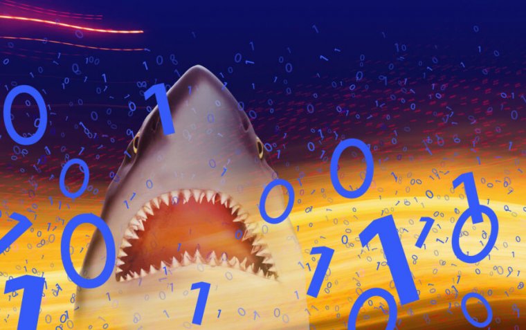 Fanciful illustration of a shark attacking ones and zeros.