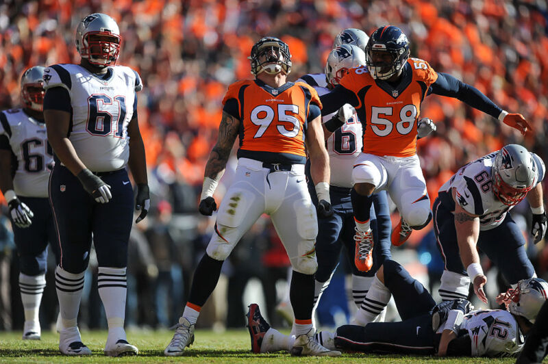 Derek Wolfe #95 and Von Miller #58 of the Denver Broncos celebrate after Wolfe fired Tom Brady #12 of the New England Patriots in the AFC Championship game at Sports Authority Field at Mile High on January 24, 2016 in Denver, Colorado.