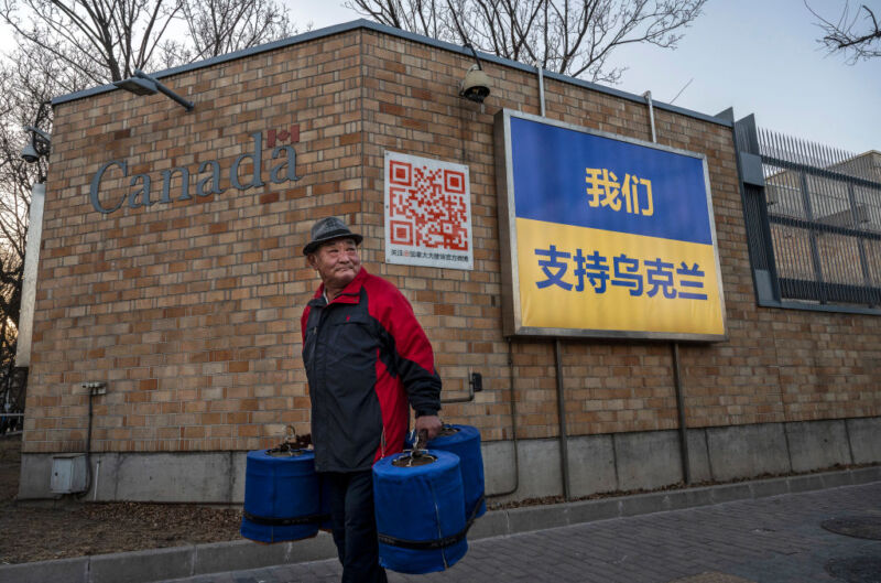 A sign outside the Canadian embassy in Beijing in support of Ukraine.  It was later defaced and posts about the incident were deleted from Chinese social media. 