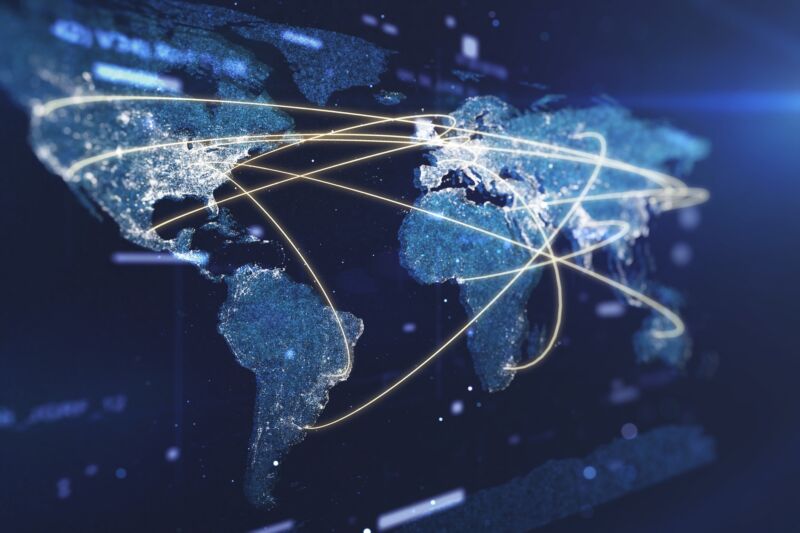 World map with glowing lines to show how countries are connected by the global internet.