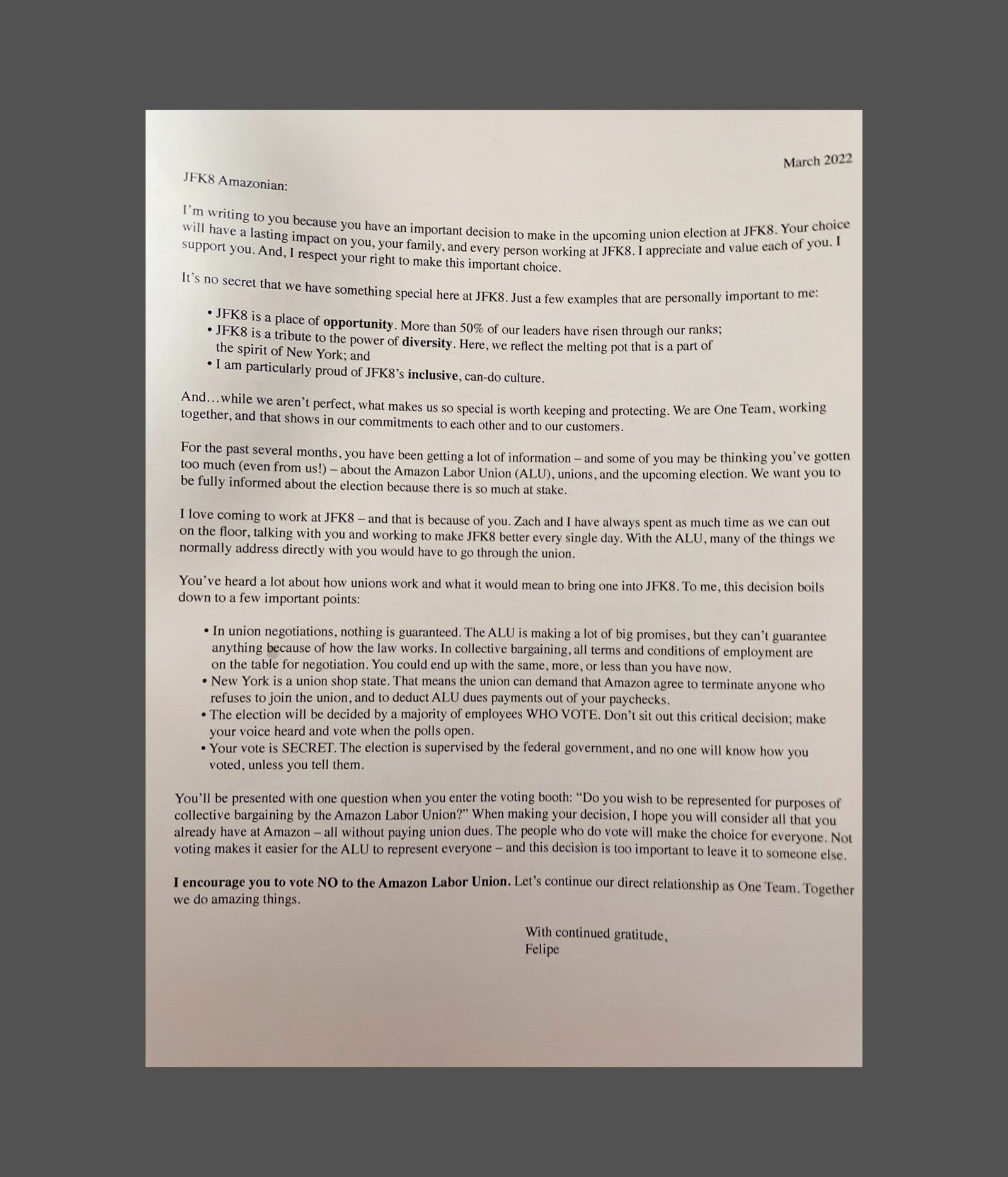 Amazon letter asking workers to vote no to unions from March 2022