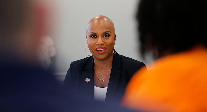 Congresswoman Ayanna Pressley meets with Randolph city officials on June 3, 2021.