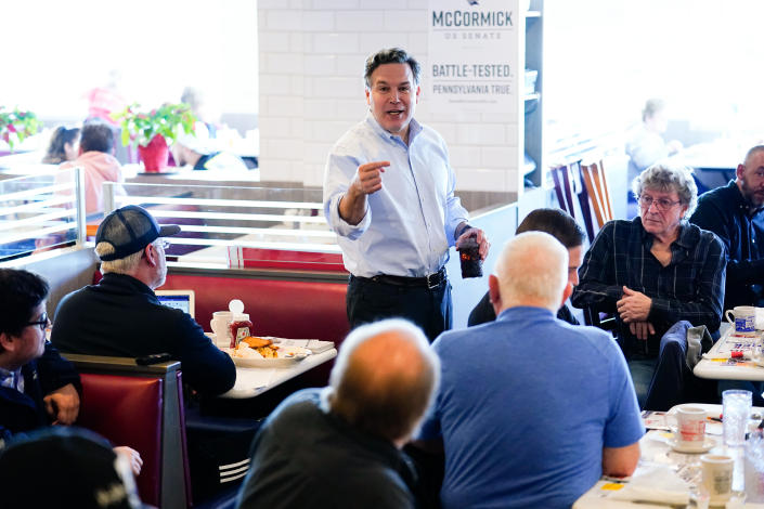 Dave McCormick, a Republican nominee for the United States Senate in Pennsylvania, meets in attendance at a campaign event at the Round the Clock Diner in York, Pa., Monday, April 4, 2022. (Matt Rourke/AP)