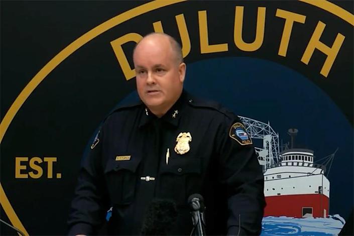 Duluth Police Chief Mike Tusken speaks to media about the discovery of five bodies in a home.  (KBJR via Facebook)