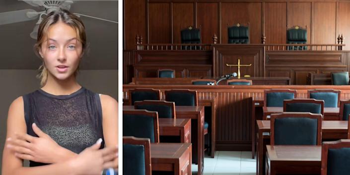 A screenshot of Ava Majury and a photo of an empty courtroom