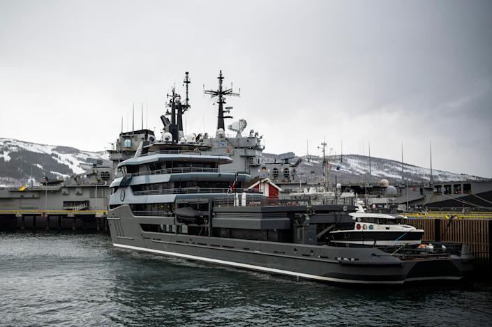 A 68-meter luxury yacht called Ragnar, owned by a former KGB officer, Russian oligarch Vladimir Strzhalkovsky, is pictured moored in Narvik, Northern Norway on March 21, 2022.