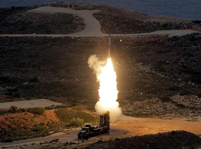 An S-300 anti-aircraft missile is launched during a Greek Army military exercise near Chania on the island of Crete on December 13, 2013.