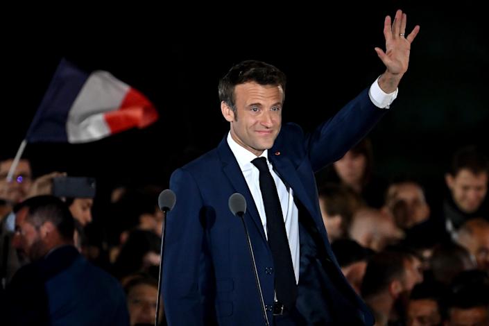 French President Emmanuel Macron is pictured in Paris after winning reelection and defeating far-right candidate Marine Le Pen for a second five-year term as president.