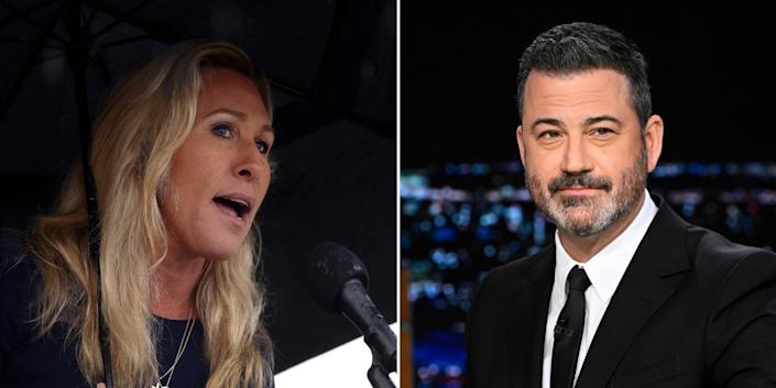 Representative Marjorie Taylor Greene tweeted that she had filed a threat of violence report against host Jimmy Kimmel.