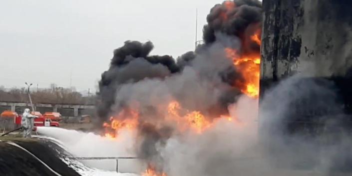 A screenshot of a video shows a fire in the Russian city of Belgorod, on April 1, 2022.