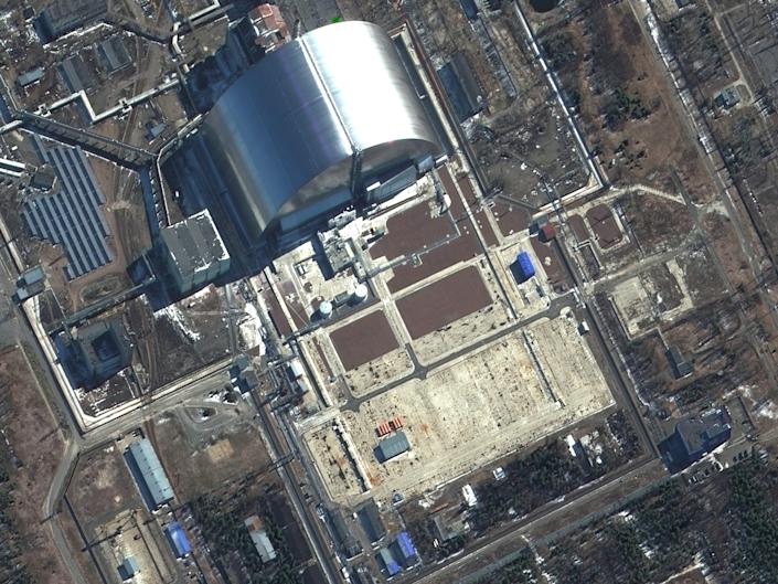 Maxar satellite imagery close-up of the Chernobyl nuclear power plant in Ukraine on March 10, 2022.