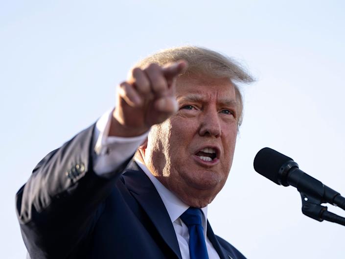 Former US President Donald Trump speaks at a rally hosted by the former president at the Delaware County Fairgrounds on April 23, 2022 in Delaware, Ohio.