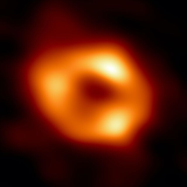 This is the first image of Sgr A*, the supermassive black hole at the center of our galaxy.  It is the first direct visual evidence of the presence of this black hole.  It was captured by the Event Horizon Telescope (EHT).