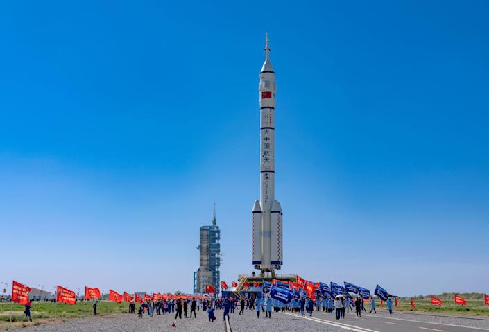 The combination of the Shenzhou-14 manned spacecraft and a Long March-2F launch vehicle will be transferred to the launch site of the Jiuquan Satellite Launch Center in Jiuquan, China's Gansu Province, on May 29, 2022.