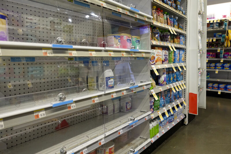 A nearly empty baby food display shelf is seen at a Walgreens pharmacy on May 9, 2022 in New York City.