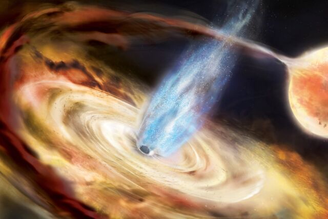 Illustration of a black hole pulling material from a neighboring star and entering an accretion disk.