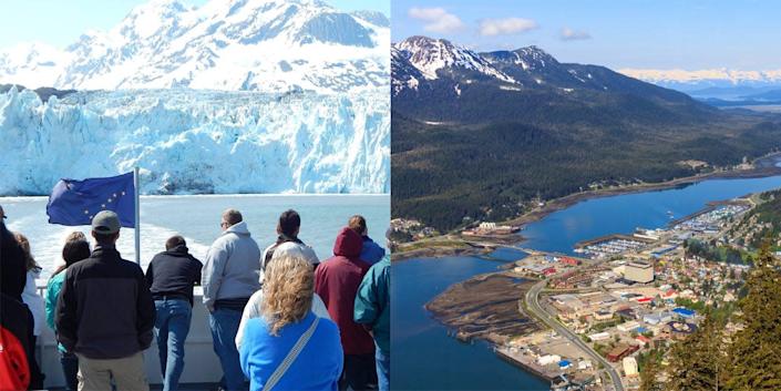 Left a view of a glacier in Prince William Sound.  On the right a view of Anchorage, Alaska.